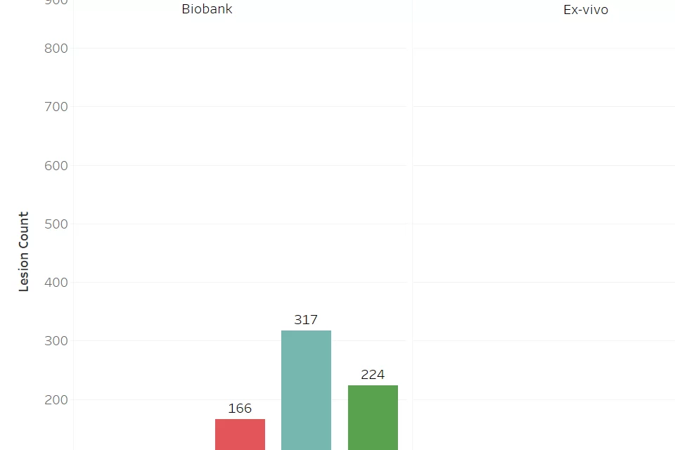 A Bar Chart of the number of lesions associated per PIRAD Score, divided per cohort.